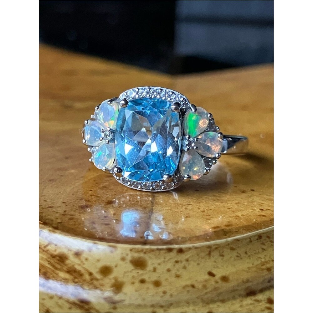 Natural Sky Blue Topaz Ethiopian Opal Sterling Silver Ring Size 9